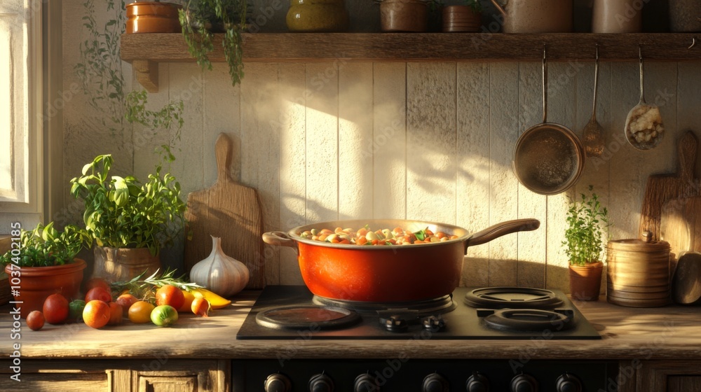 Cozy Kitchen Scene with Fresh Ingredients and Cooking Pot Cozy Kitchen Scene with Fresh Ingredients and Cooking Pot