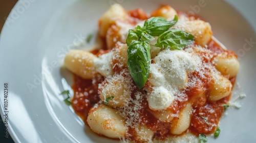 A mouthwatering plate of Italian gnocchi alla sorrentina, potato dumplings baked with tomato sauce, mozzarella cheese