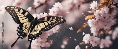 Swallowtail butterfles on a branch of blooming sakura Blooming cherry and butterflies isolated on a photo