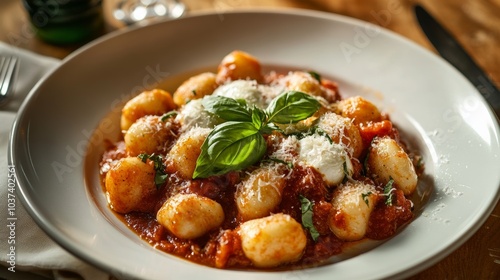 A mouthwatering plate of Italian gnocchi alla sorrentina, potato dumplings baked with tomato sauce, mozzarella cheese