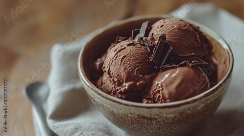 Homemade chocolate ice cream in a ceramic bowl with dark chocolate shavings