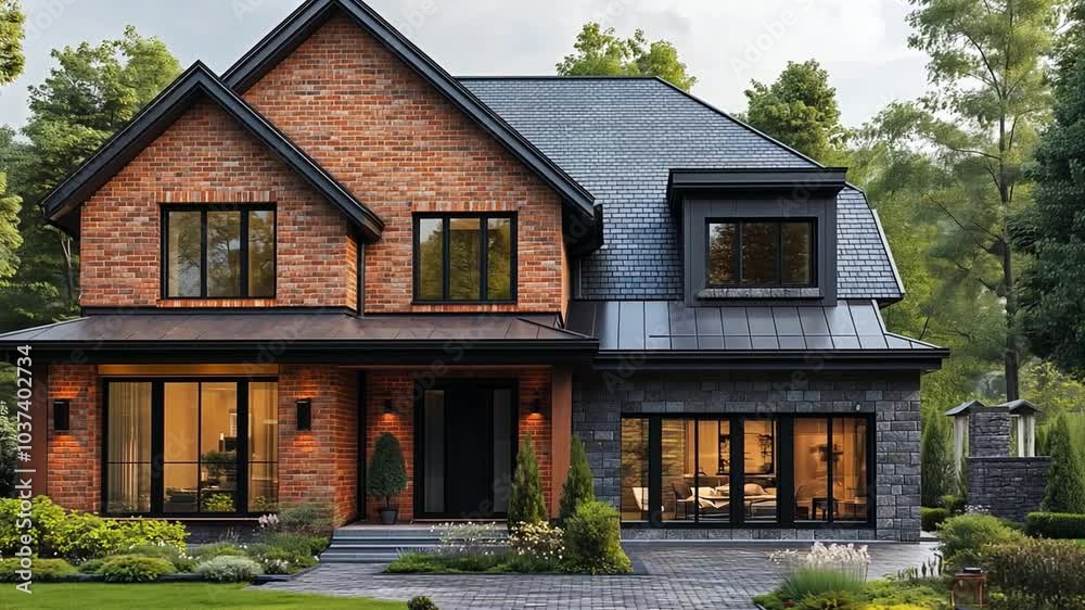 This stylish home featuring a brick facade and expansive windows with green surroundings. This stylish home featuring a brick facade and expansive windows with green surroundings.