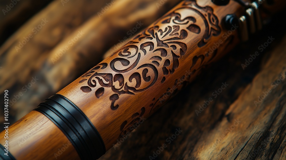 wooden clarinet with intricate engravings and a warm wooden clarinet with intricate engravings and a warm