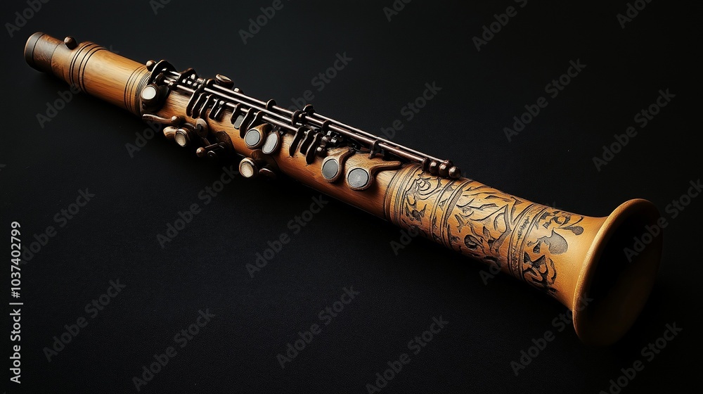 Naklejka premium wooden clarinet with intricate engravings and a warm