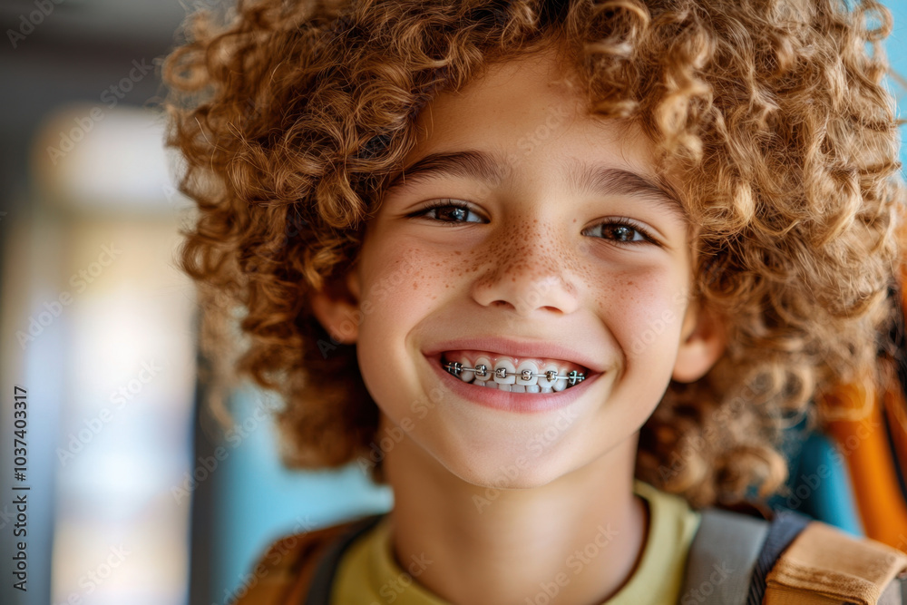 Smiling boy with curly hair and braces, showcasing joyful expression. His freckles add charm to his youthful appearance, making moment feel warm and inviting Smiling boy with curly hair and braces, showcasing joyful expression. His freckles add charm to his youthful appearance, making moment feel warm and inviting