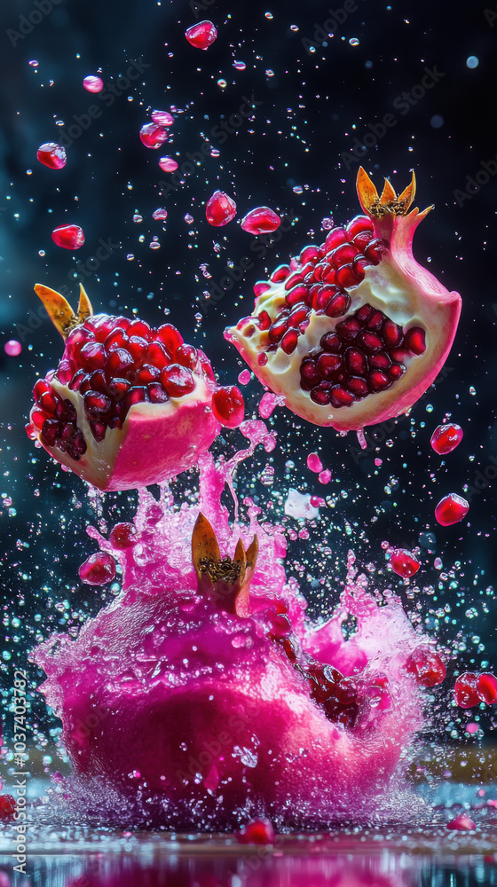 Dynamic burst of pomegranate in vivid splash with juicy seeds Dynamic burst of pomegranate in vivid splash with juicy seeds