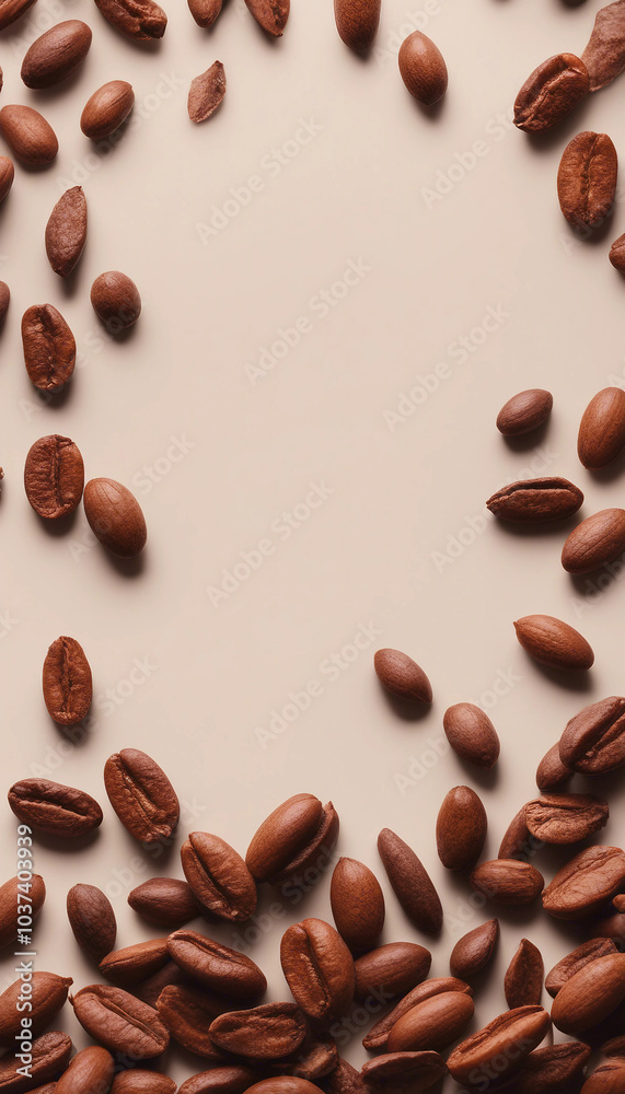 Vertical banner with dried cocoa beans floating in light background 3D efect Side view Vertical banner with dried cocoa beans floating in light background 3D efect Side view