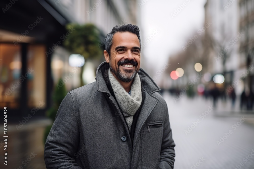 Portrait of a handsome middle-aged man smiling at the camera in the city. Portrait of a handsome middle-aged man smiling at the camera in the city.