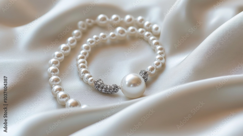 Elegant Pearl Necklace on Soft Satin Fabric Elegant Pearl Necklace on Soft Satin Fabric
