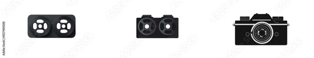 A minimalistic design featuring three distinct black shapes, each with unique details, possibly representing electronic components or equipment. A minimalistic design featuring three distinct black shapes, each with unique details, possibly representing electronic components or equipment.