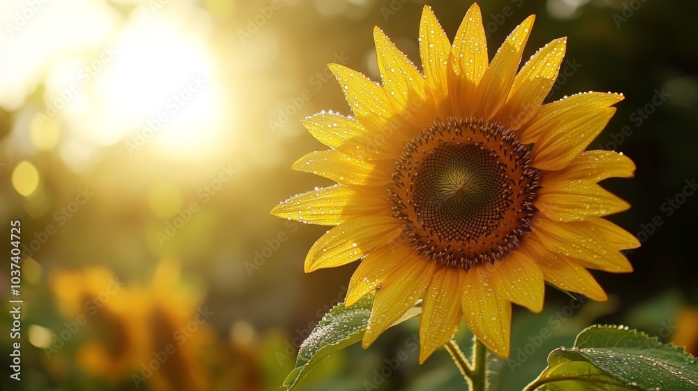 Fototapeta premium Bright Sunflower with Dew in Glowing Sunlight