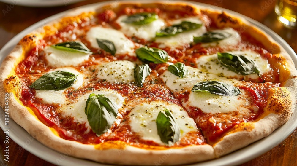 A mouthwatering plate of Italian margherita pizza, thin crust topped with tomato sauce, fresh mozzarella cheese A mouthwatering plate of Italian margherita pizza, thin crust topped with tomato sauce, fresh mozzarella cheese