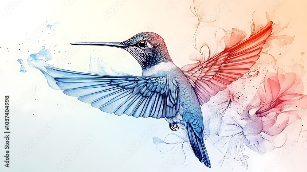 Obraz premium Hummingbird in Flight with Watercolor Flowers