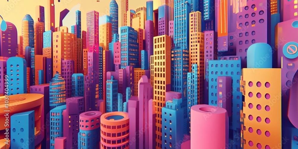 Obraz premium Modern city buildings with abstract shapes, drawn in 3D