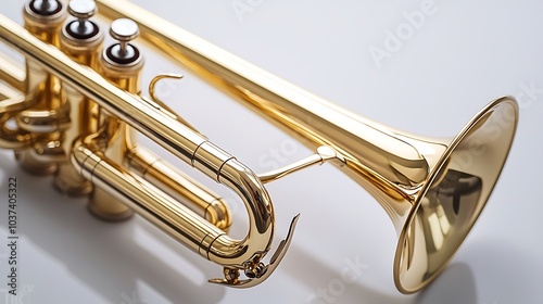 A shiny, golden trumpet showcasing intricate details, perfect for musical performances and jazz compositions.