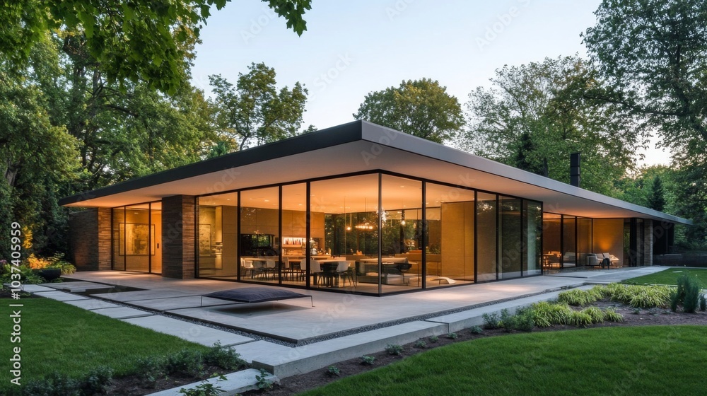 Modern Glass House Surrounded by Lush Greenery Modern Glass House Surrounded by Lush Greenery
