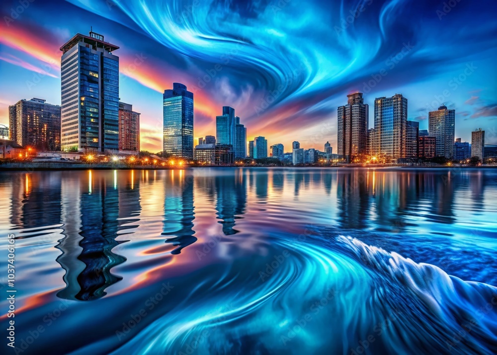 Fototapeta premium Urban Exploration with Blue Waves Aesthetic Capturing the Essence of Water and City Life