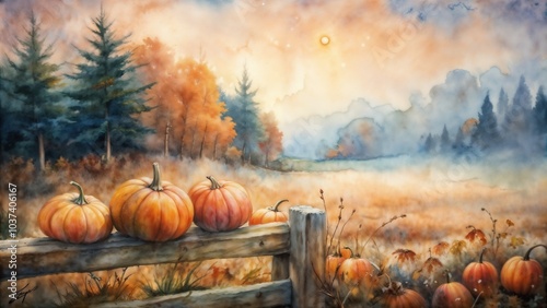 Rustic autumn pumpkin scene with misty forest watercolor landscape