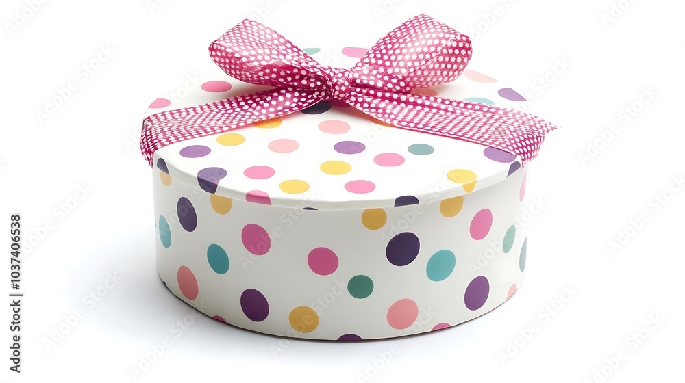 Round gift box with a polka dot pattern and a ribbon tied around it, on a white background