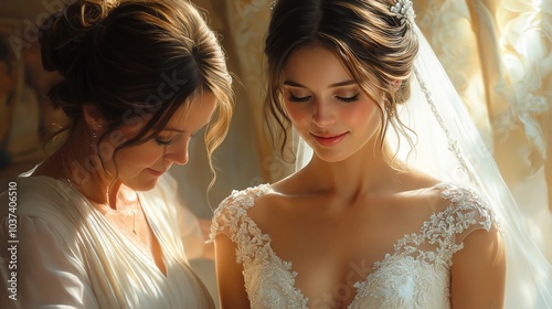 A bride and her mother share a tender moment while preparing for the wedding.