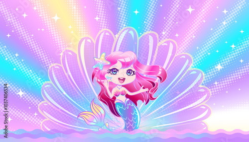 Little mermaid with pink hair and a blue tail sits on a shell against a rainbow background.