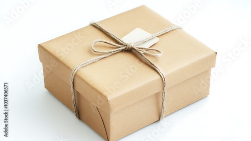 Simple kraft gift box with twine and a small tag, lying on a white background