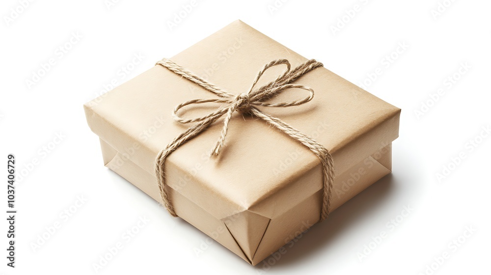 Small gift box wrapped in brown kraft paper with twine bow, isolated on a white background Small gift box wrapped in brown kraft paper with twine bow, isolated on a white background