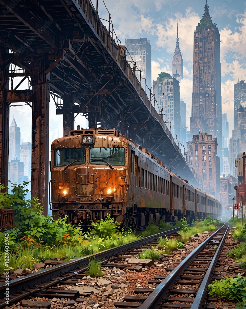 Naklejka premium Abandoned Train on Overgrown Tracks in Urban Landscape