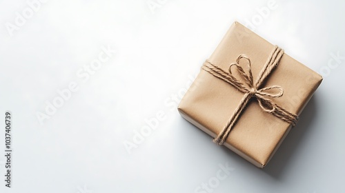 Small gift box wrapped in brown kraft paper with twine bow, isolated on a white background