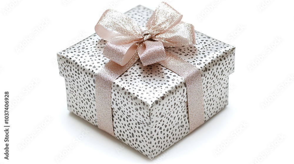 Obraz premium Tiny gift box with metallic wrapping and a ribbon, sitting on a bright white background
