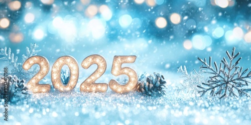 Glittering 2025 in icy winter wonderland with snowy pine cones and frosty lights