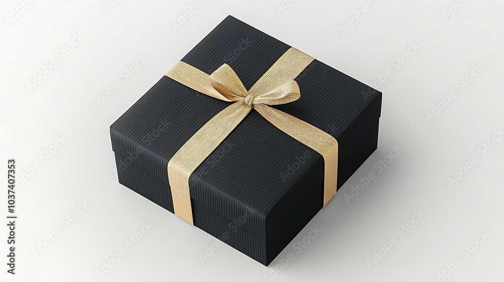 Elegant black gift box with a gold ribbon, centered on a white background Elegant black gift box with a gold ribbon, centered on a white background