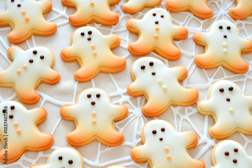 a pattern with ghost cookies, a top view of the made cute funny pastries. food, flour products. a pattern with ghost cookies, a top view of the made cute funny pastries. food, flour products.