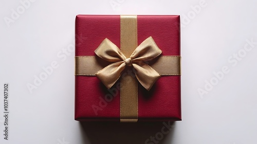 Close-up of a red gift box with a gold ribbon bow, shot from above on a white background