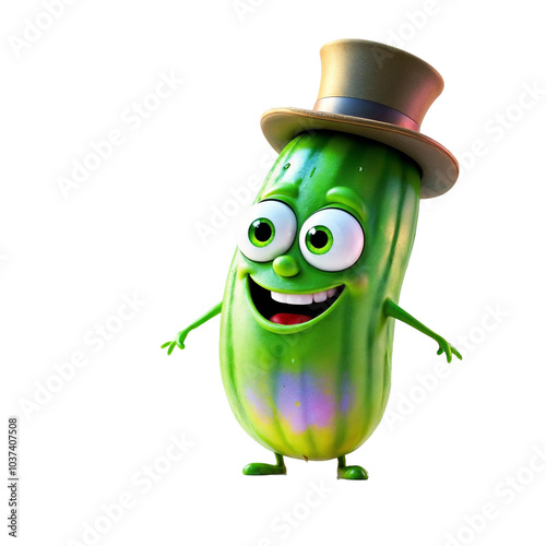 A green cartoon monster wearing a black top hat and a friendly expression isolated white background