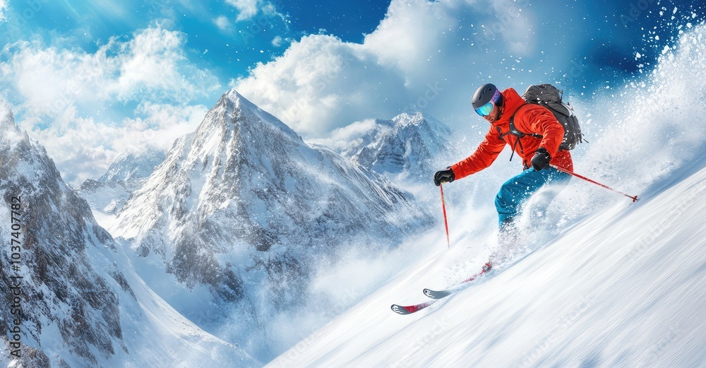 Skier skiing downhill in high mountains. AI generated illustration. Skier skiing downhill in high mountains. AI generated illustration.