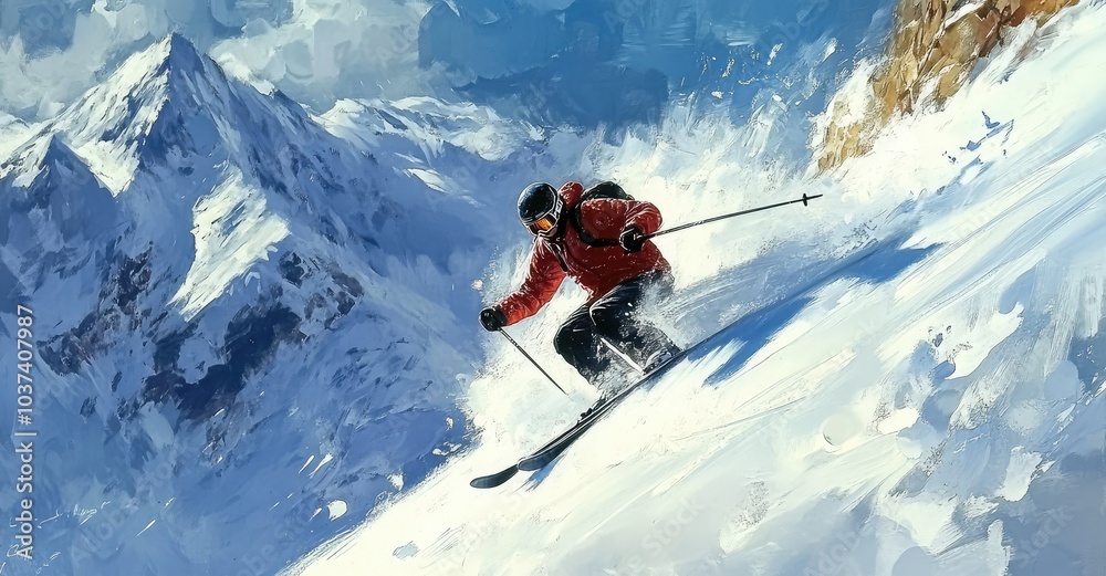 Skier skiing downhill in high mountains. AI generated illustration. Skier skiing downhill in high mountains. AI generated illustration.