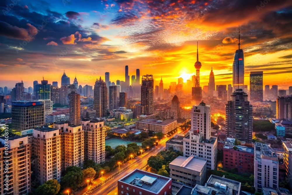 Obraz premium Vibrant City Skyline at Sunset - Aerial View of Urban Landscape with Colorful Skies