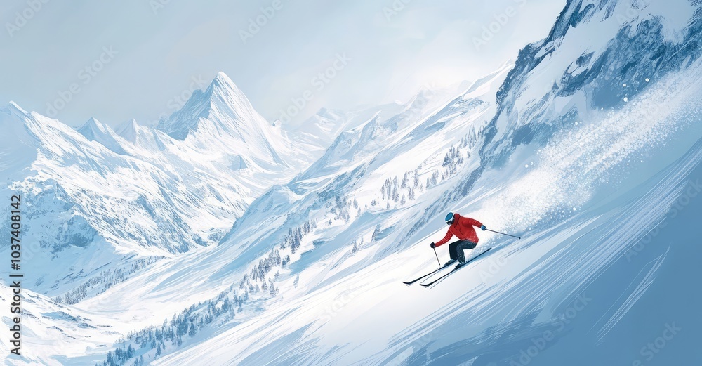 Skier skiing downhill in high mountains. AI generated illustration. Skier skiing downhill in high mountains. AI generated illustration.