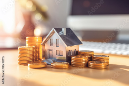 Close-up of a house model placed on a stack of coins, symbolizing real estate investment and finance photo