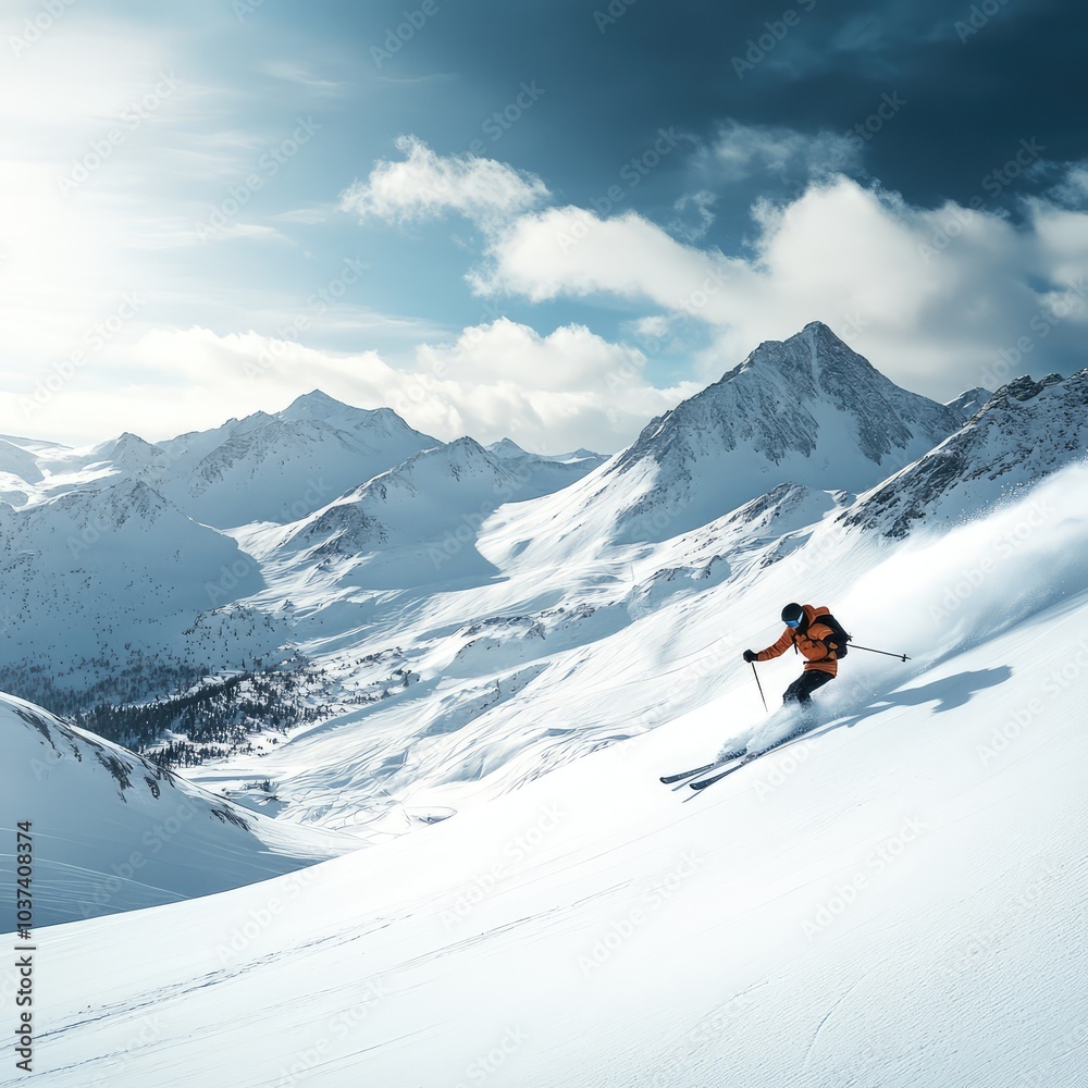 Skier skiing downhill in high mountains. AI generated illustration. Skier skiing downhill in high mountains. AI generated illustration.