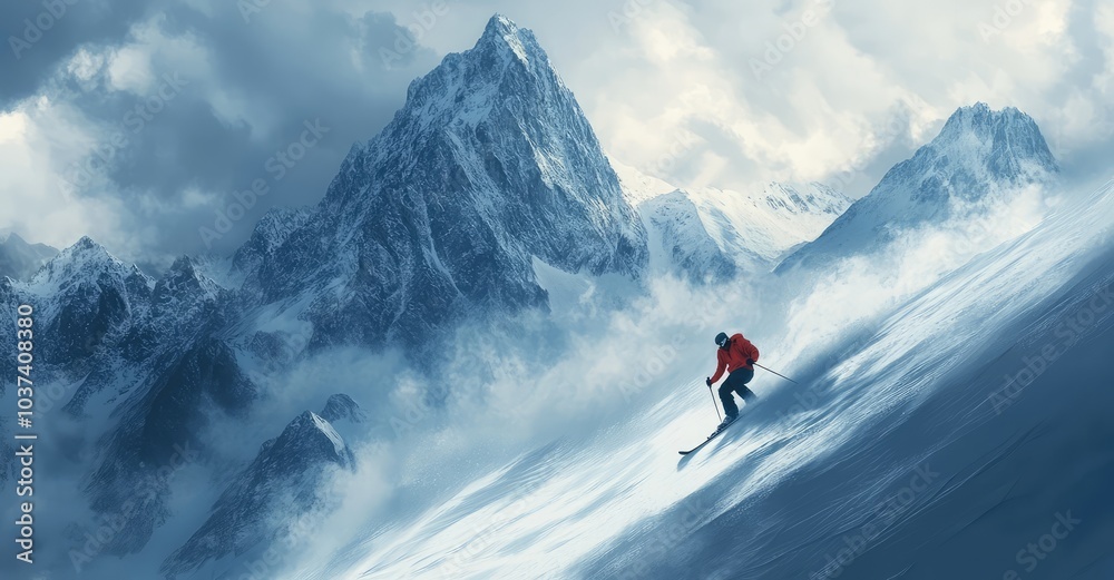 Skier skiing downhill in high mountains. AI generated illustration. Skier skiing downhill in high mountains. AI generated illustration.