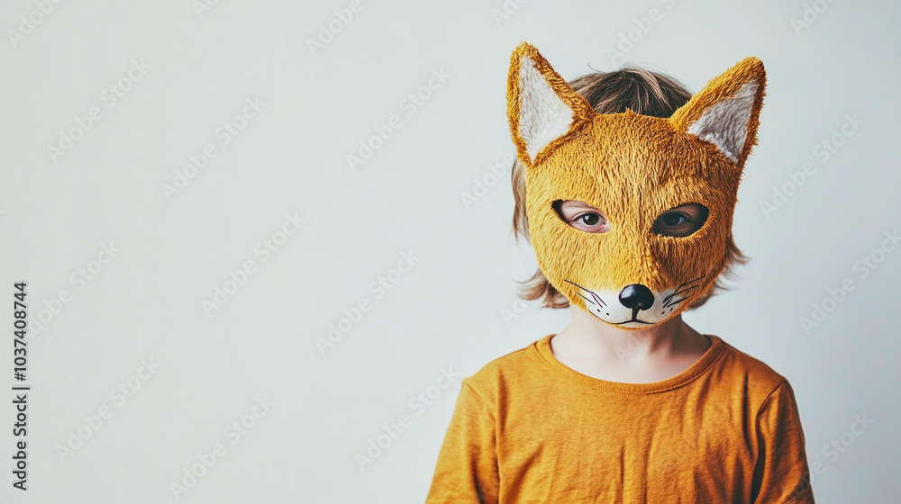 Obraz premium A little boy wearing a half fox-head mask poses in a studio with soft lighting and a clean white background
