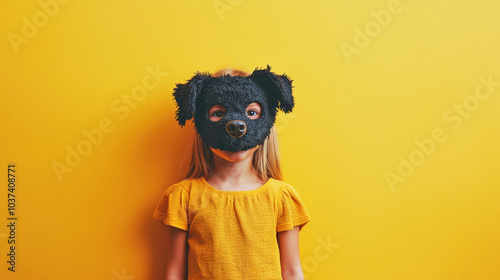 A little girl in a dog-head mask poses against a vibrant yellow background in a creative studio setting