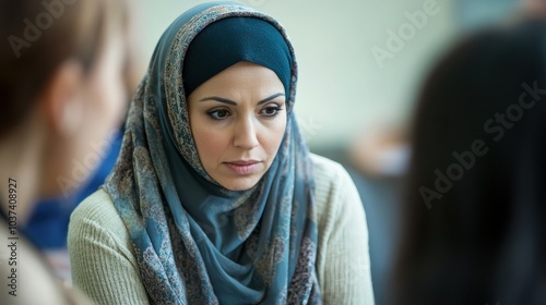 Muslim woman supporting new attender of group therapy to talk about herself during meeting at mental health center.