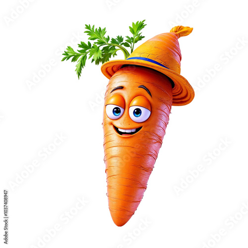 A smiling cartoon carrot character with large eyes and a hat with leaves on top Transparent background