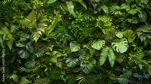 Lush Green Tropical Plants Wall, A Vibrant Display of Nature's Beauty.