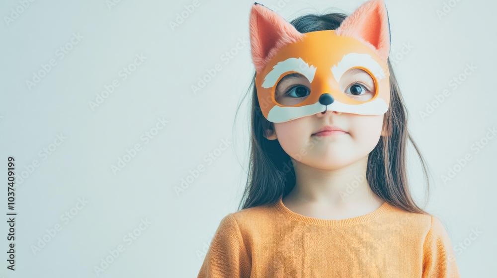 A little girl in a half fox-head mask poses playfully against a white background, showcasing her creativity and style A little girl in a half fox-head mask poses playfully against a white background, showcasing her creativity and style