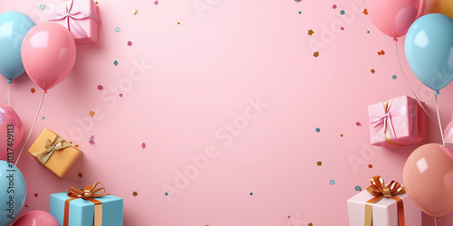 Photo of a pink background with birthday balloons and gifts on the sides, with space in the center for text. Web banner style.