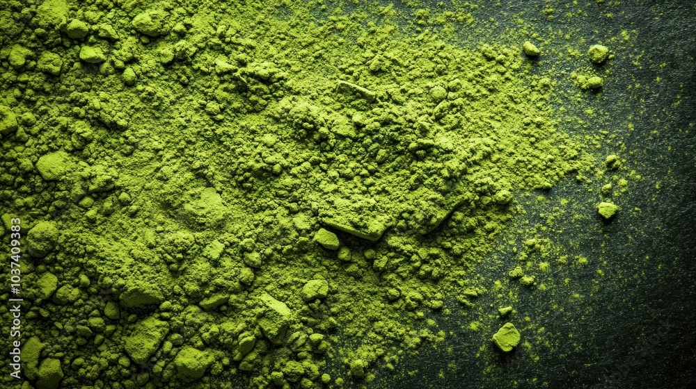 A close-up of vibrant green powder, possibly a natural pigment or food ingredient. A close-up of vibrant green powder, possibly a natural pigment or food ingredient.